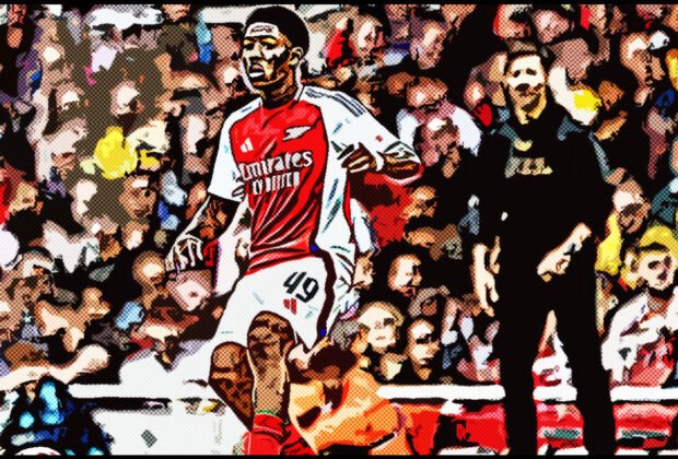 Myles Lewis-Skelly in action for Arsenal, showcasing his talent as a rising star from the Hale End academy
